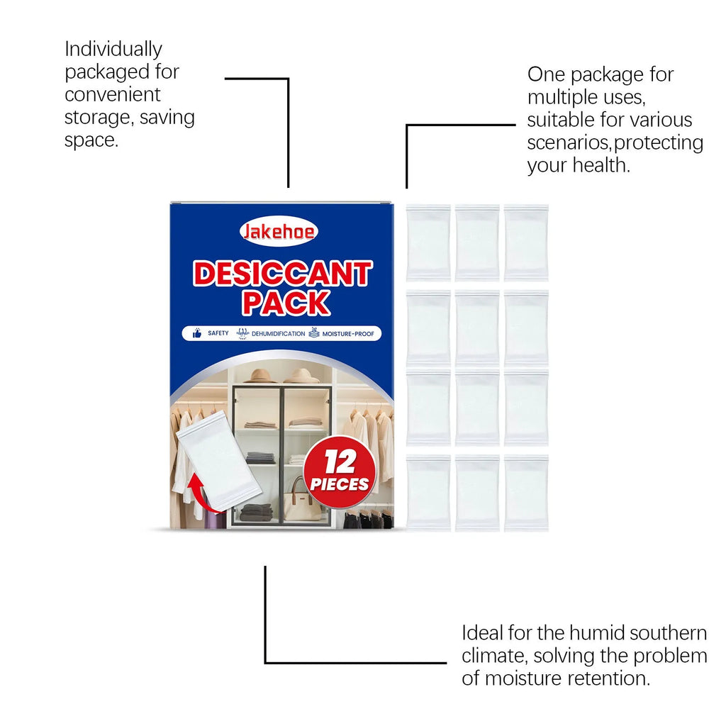 Pack of 12 white hanging desiccant bags for household moisture and odour control