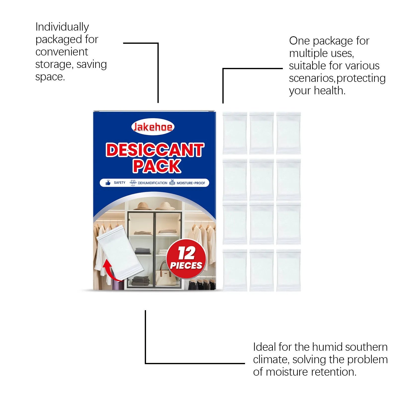 Pack of 12 white hanging desiccant bags for household moisture and odour control