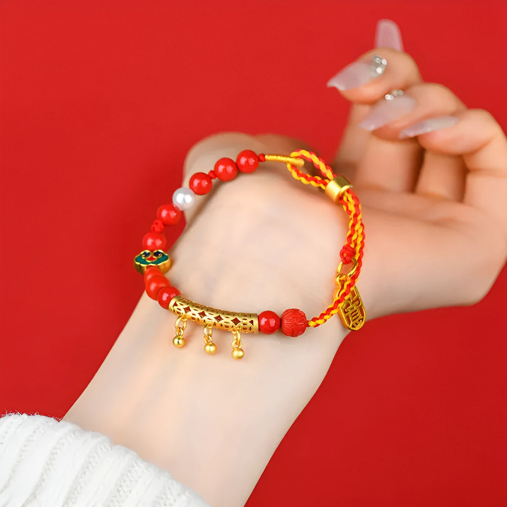 Women's cinnabar bracelet with hand-woven red sand rope and small round bell charm