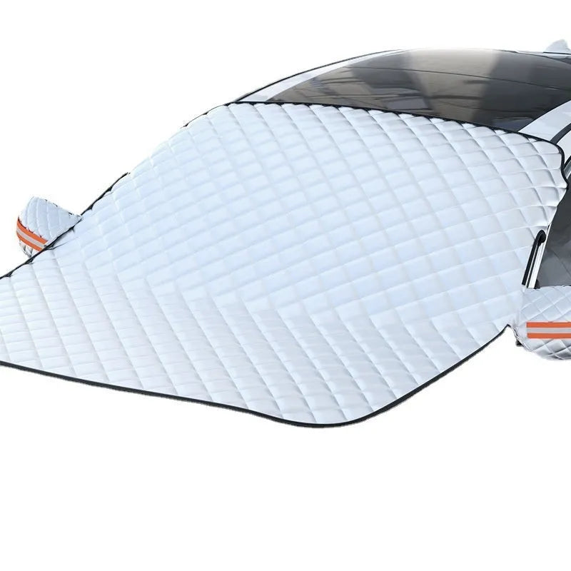 Winter car cover for SUV windshield made of aluminium foil with reflective stripes and magnets.