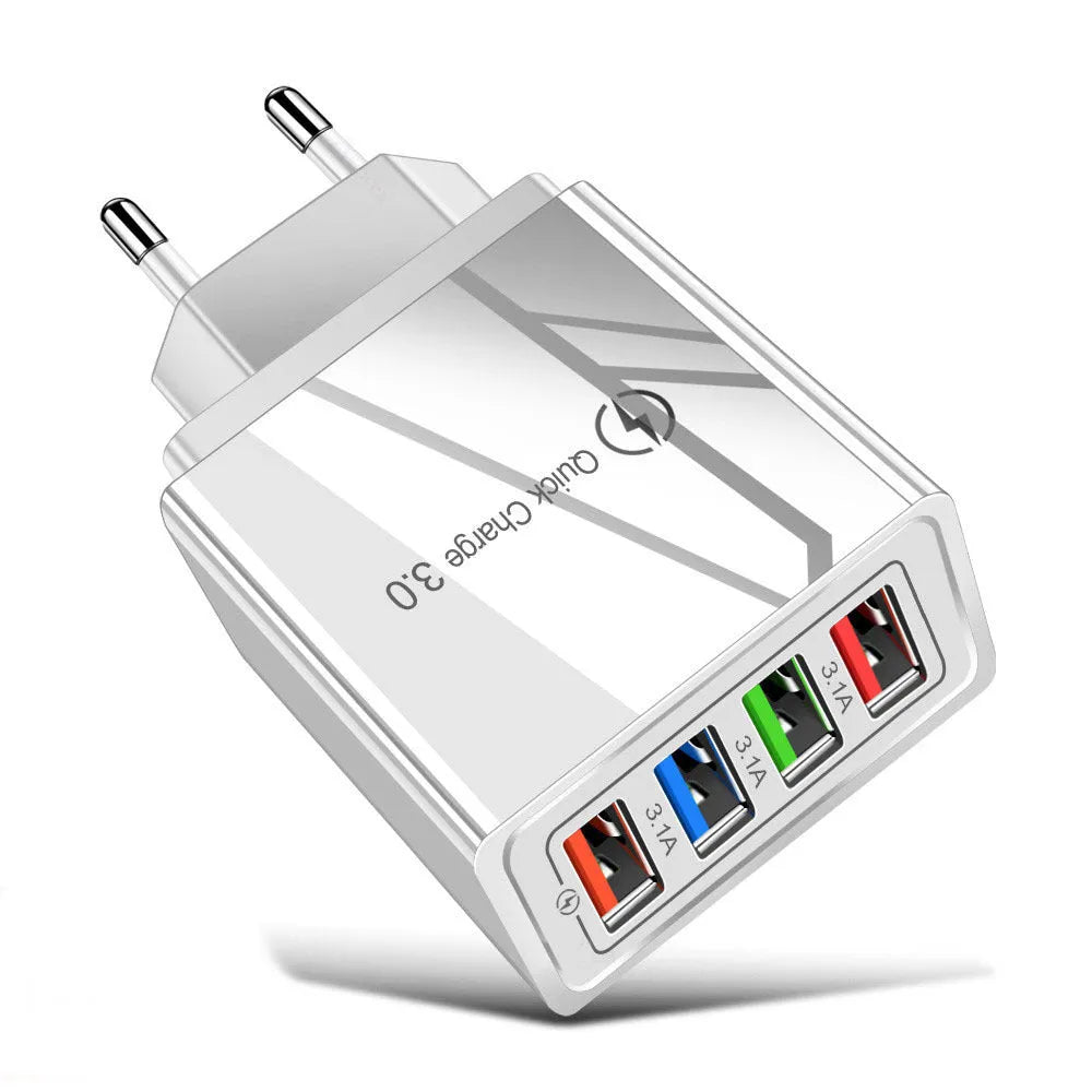 Intelligent 3A mobile phone charging head with luminous indicators showing four USB ports