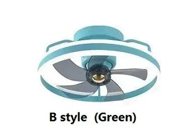 Modern white ceiling fan lamp with integrated light and five blades, mounted on a ceiling.