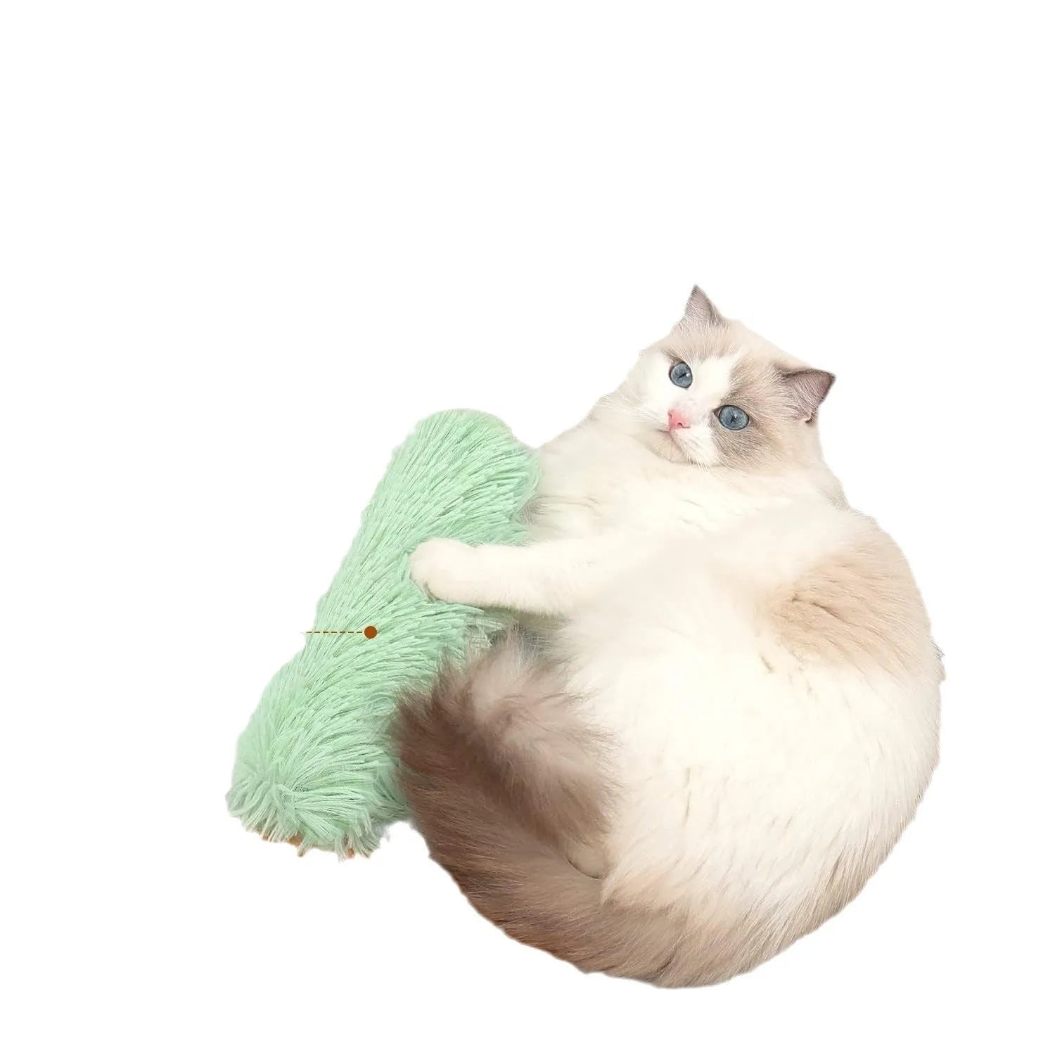 Soft plush cat toy pillow in green, white, blue, or pink, measuring 27x10 cm.