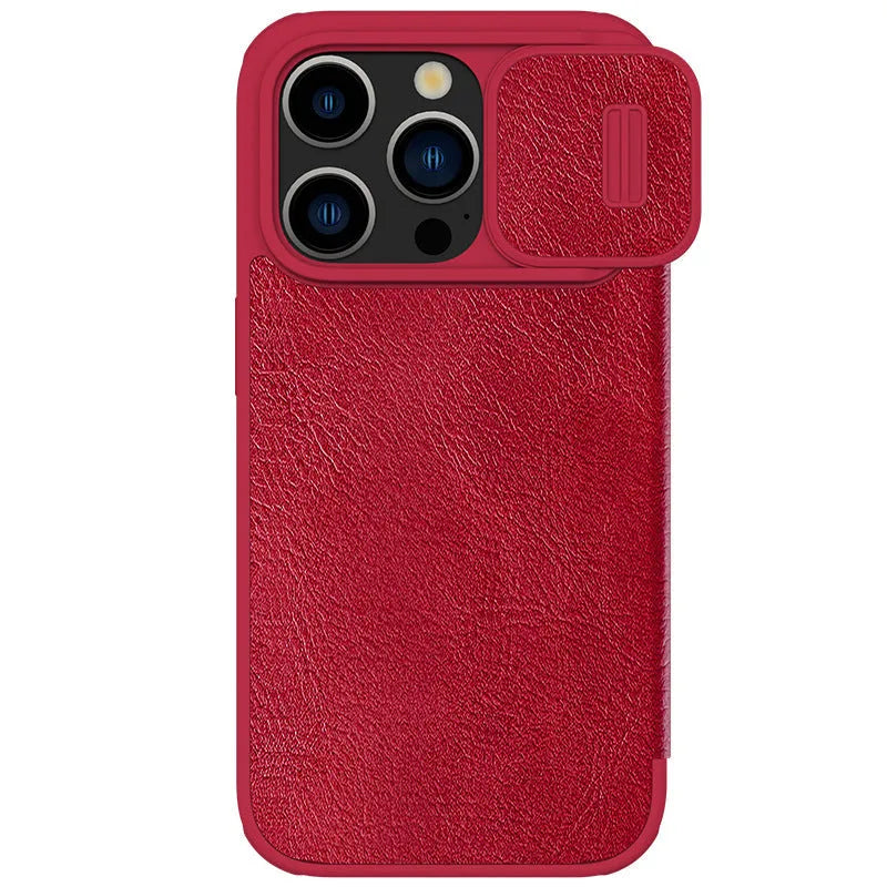 Black imitation leather flip phone case for iPhone, shown open and closed.