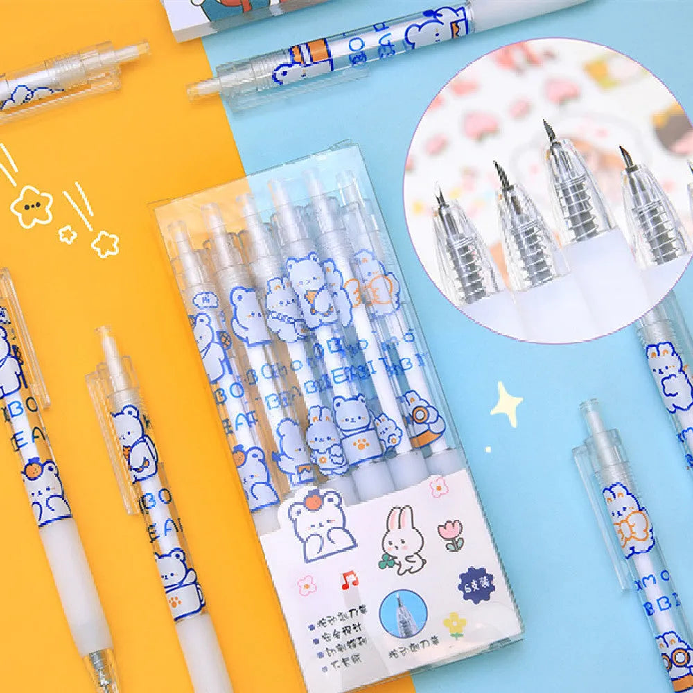 A pack of six colourful bear and rabbit character press pen knives on a white background.