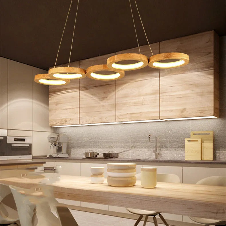 Solid wood LED pendant light, round wooden chandelier in 4 or 5 head options, 220V