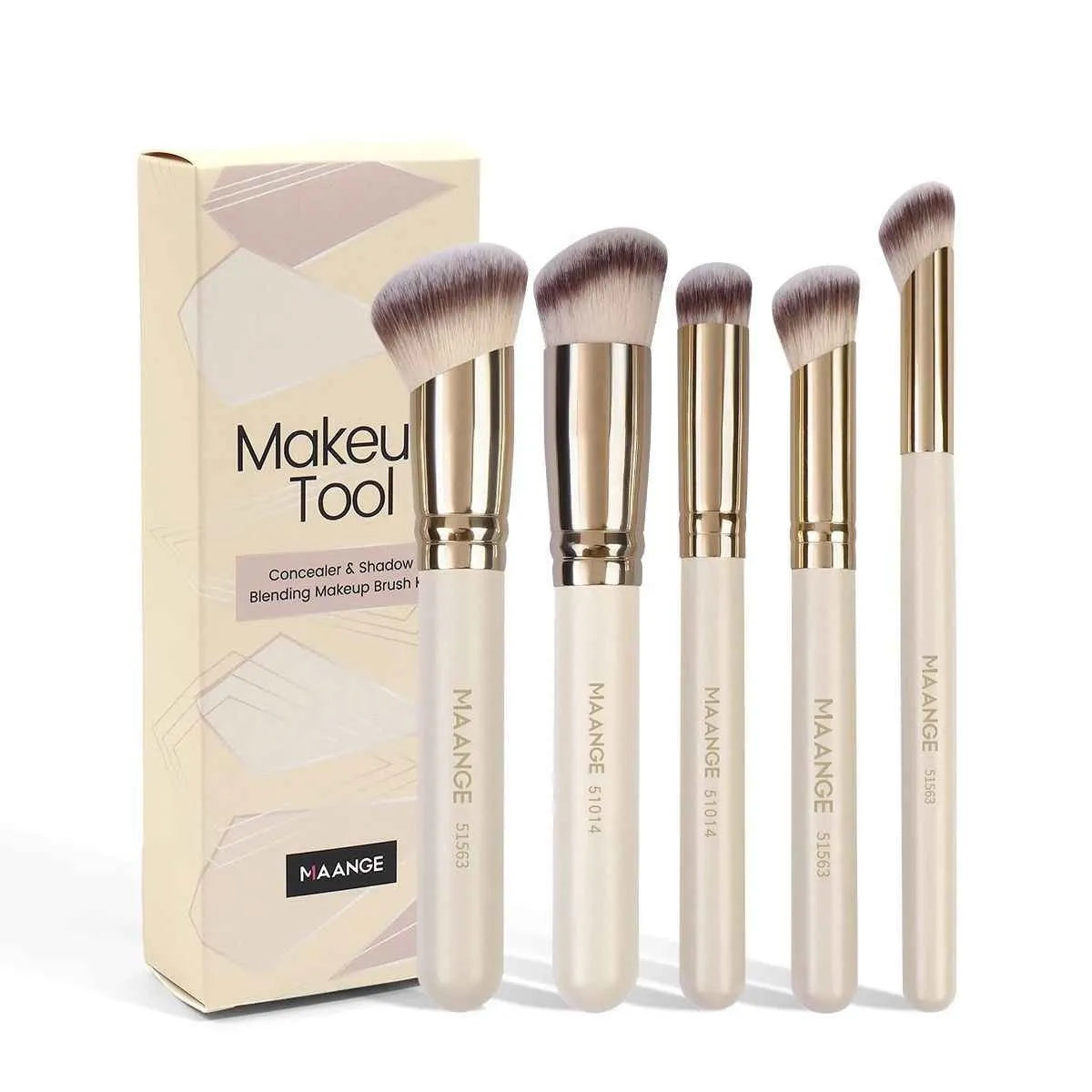 MAANGE five-piece makeup brush set with angled blush brush in apricot colour