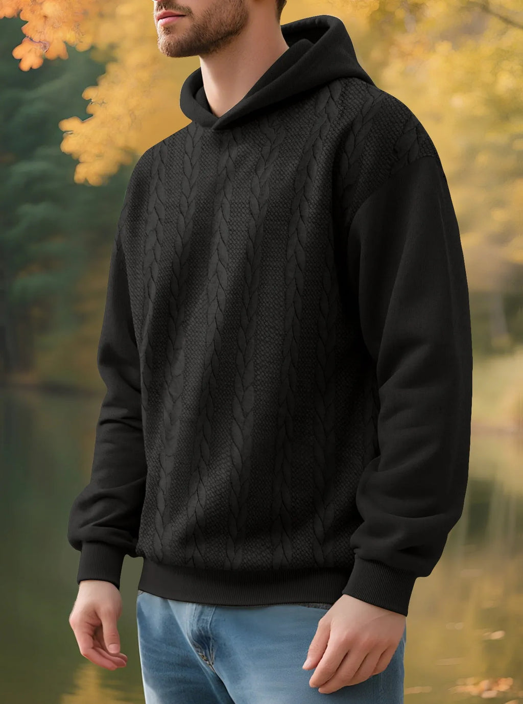 Men's casual thick jacquard hooded sweatshirt wool lined winter loose fit polyester