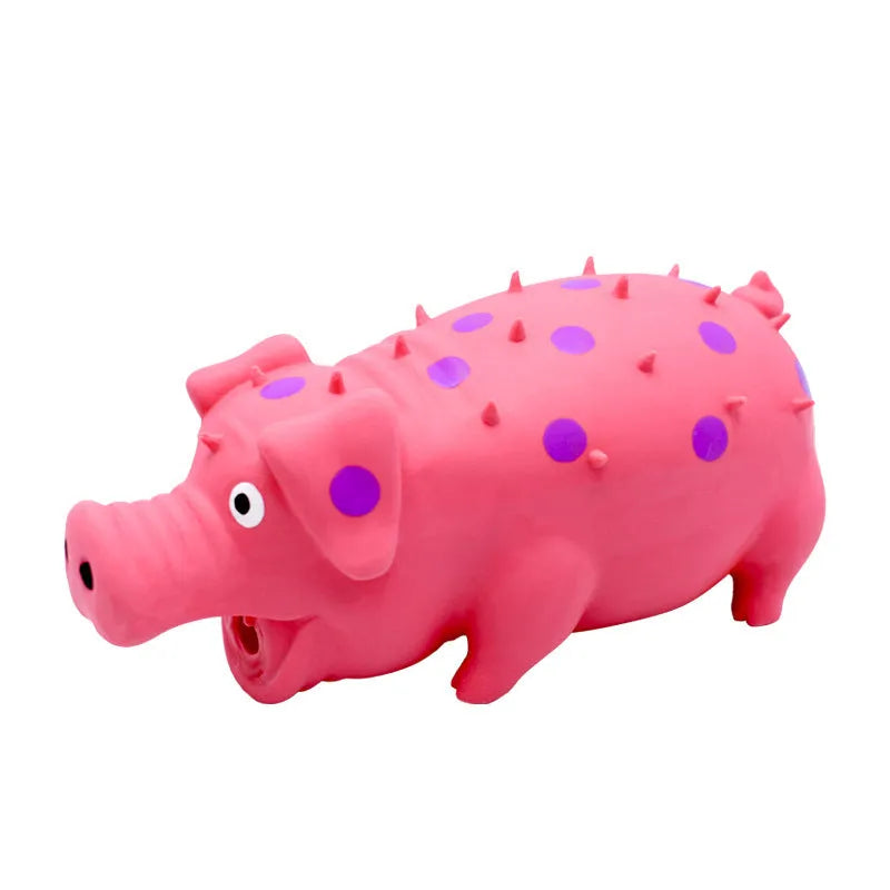 Blue latex squeaky pig-shaped dog chew toy with textured surface for teeth cleaning.