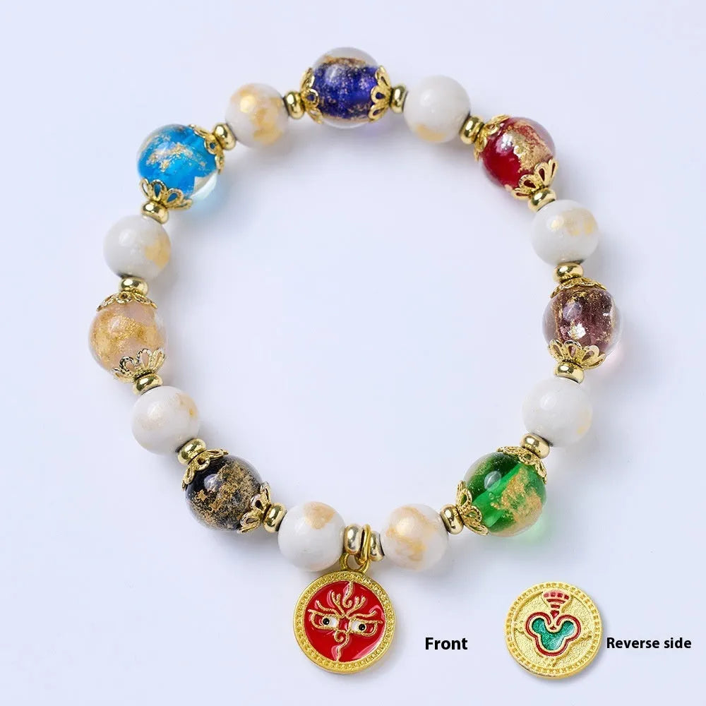 Fragrant Gray handmade glass bracelet with five Gods of Wealth design in coloured glaze.