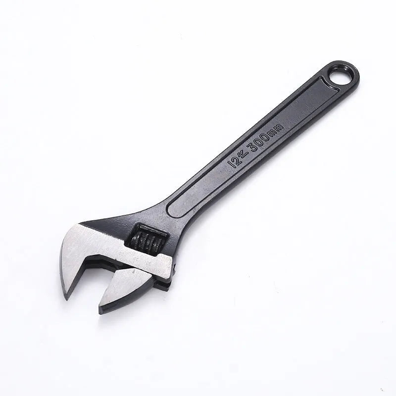 15-inch stainless steel adjustable open-end wrench with a blackened head and ergonomic handle.
