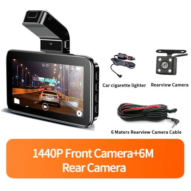 3-inch dual lens car dash cam showing front and rear recording capability with button controls