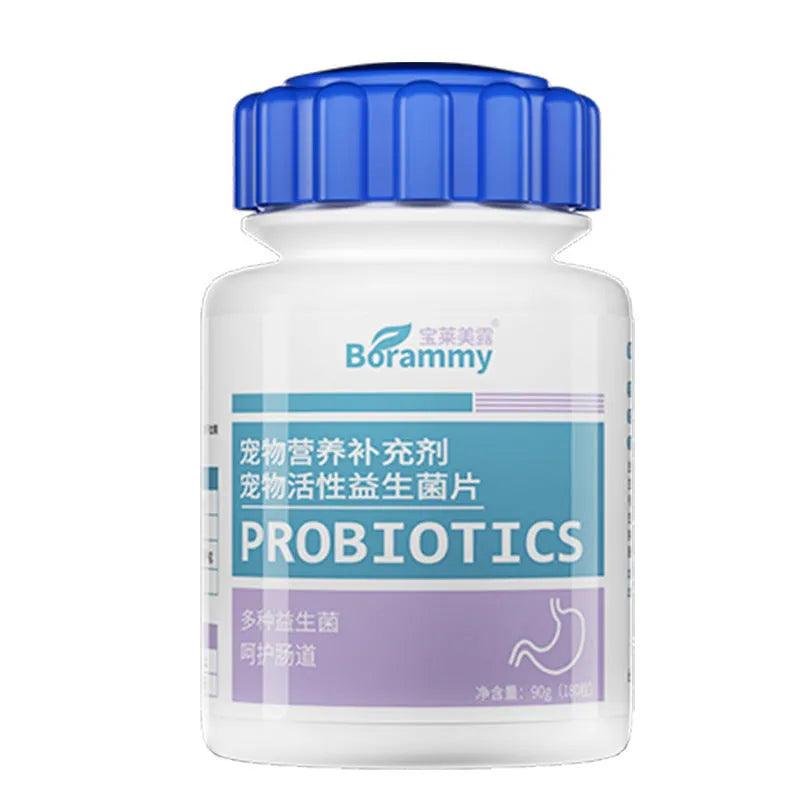 Bottle of 180 pet probiotic tablets for dog and cat digestive health support.