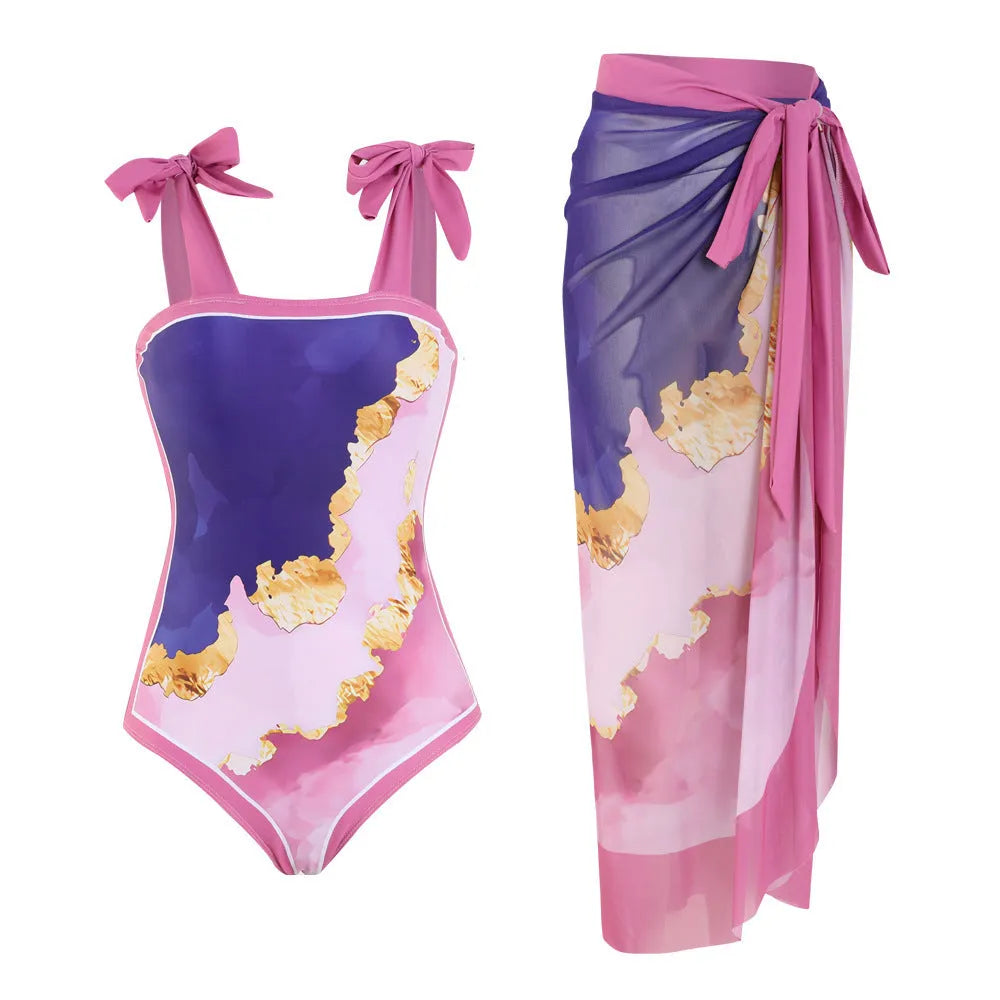 Floral print conservative one-piece swimsuit with mesh tube top and matching skirt in polyester