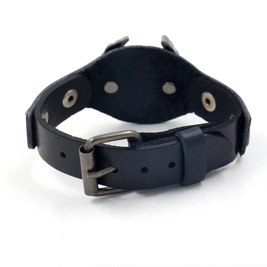 Black leather watch bracelet with geometric shape and a silver alloy eagle clasp.