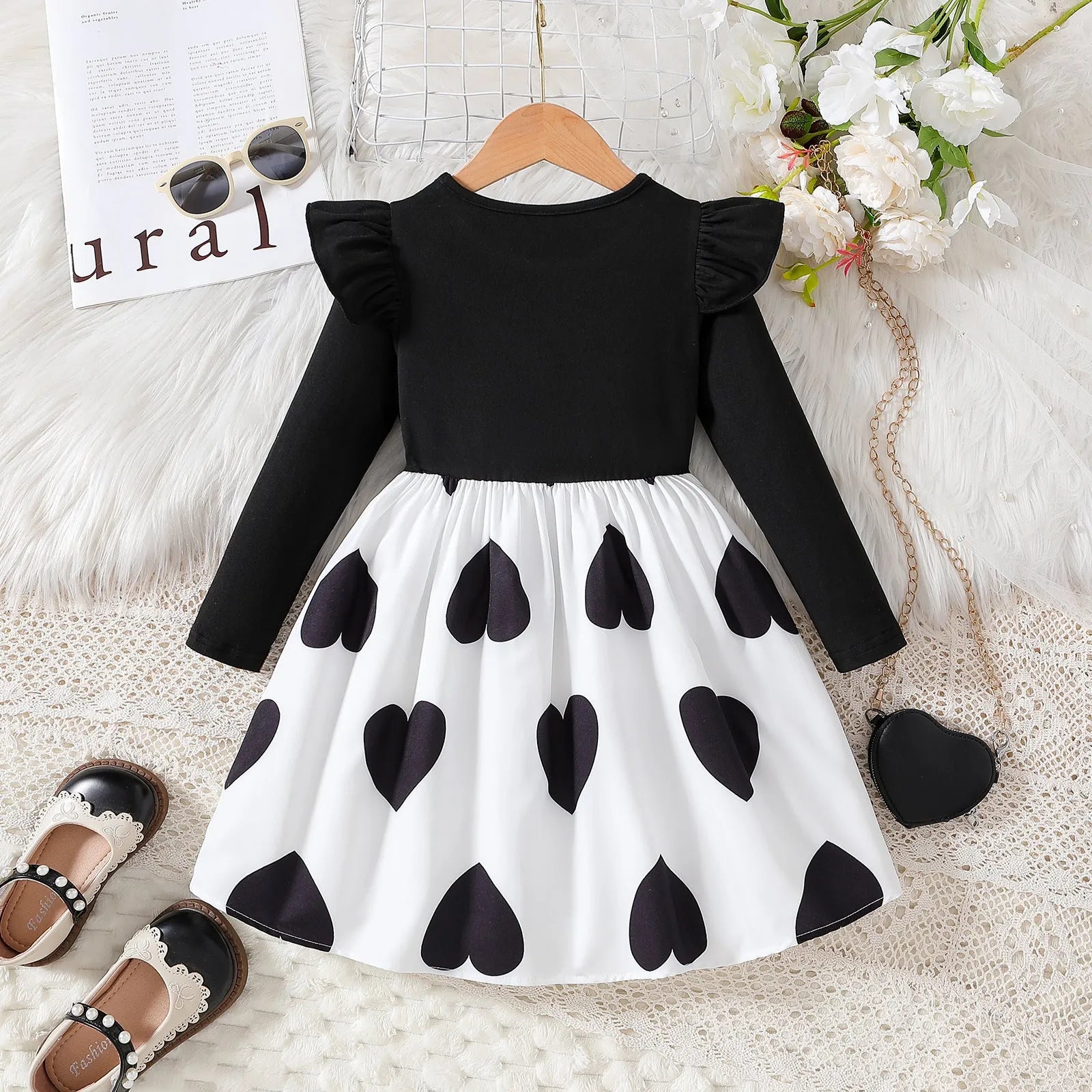 Black children's cartoon print long sleeve princess dress with cotton lining