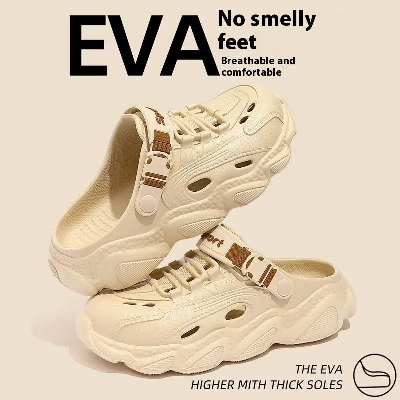 Men's khaki outdoor slippers with a hollow out design and lightweight EVA sole on a wooden deck.