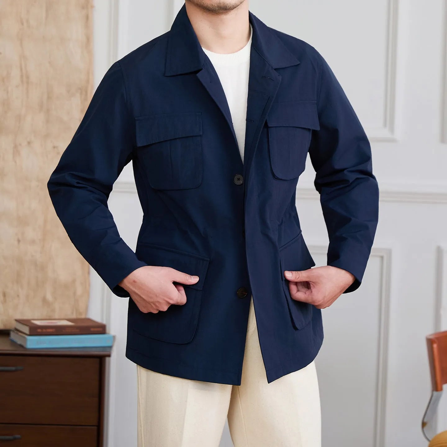 Men's retro casual multi-pocket jacket in beige made of 100% polyamide nylon