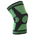Blue silicone spring knee pad for sports, shown on a leg, suitable for volleyball and gym workouts.