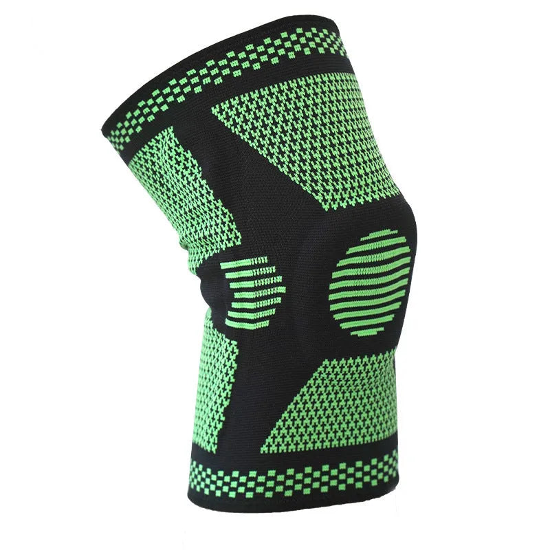Blue silicone spring knee pad for sports, shown on a leg, suitable for volleyball and gym workouts.