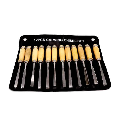 12-piece high carbon steel wood carving chisel set on a workbench