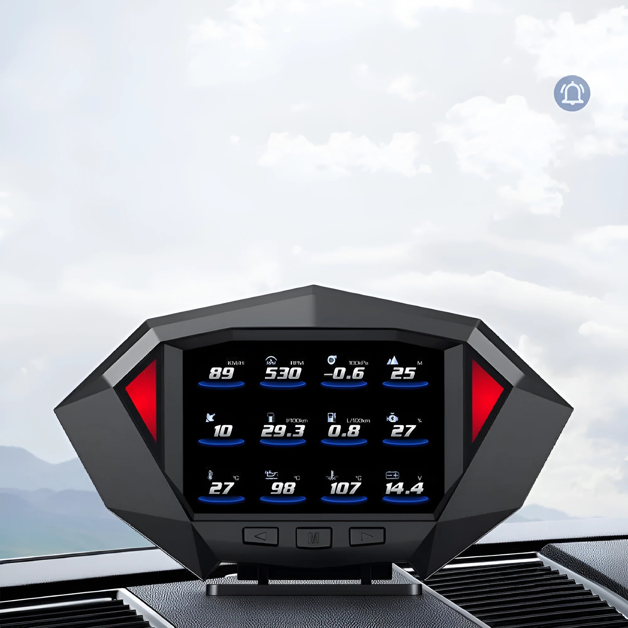 Black car head-up display unit on a dashboard with OBD cable and anti-slip pad.