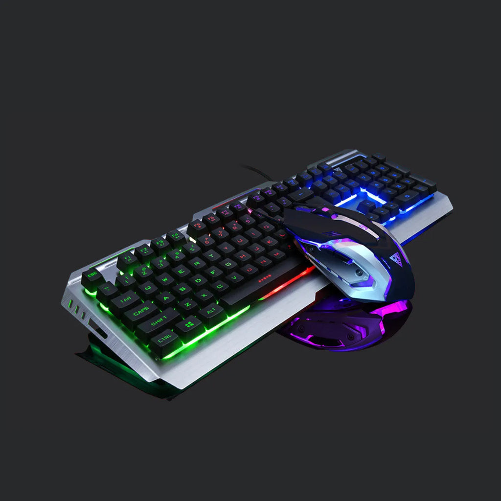 Wired gaming keyboard and mouse set with USB cable, backlit keys, and 3200dpi optical mouse, Tricolor rainbow colour