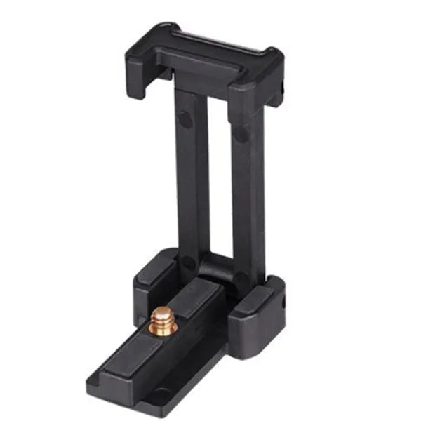 Black desktop mobile phone tripod stand with aluminium alloy legs and a plastic lazy bracket holder.