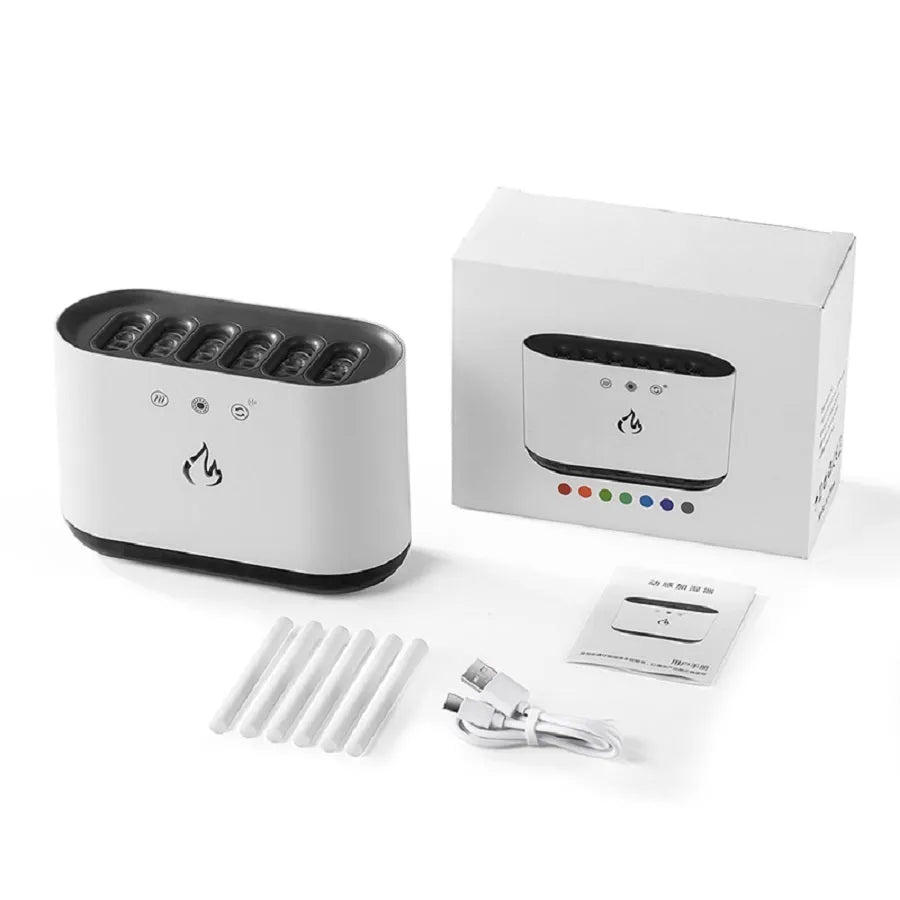 White cylindrical humidifier with colourful LED base and mist rising from the top.
