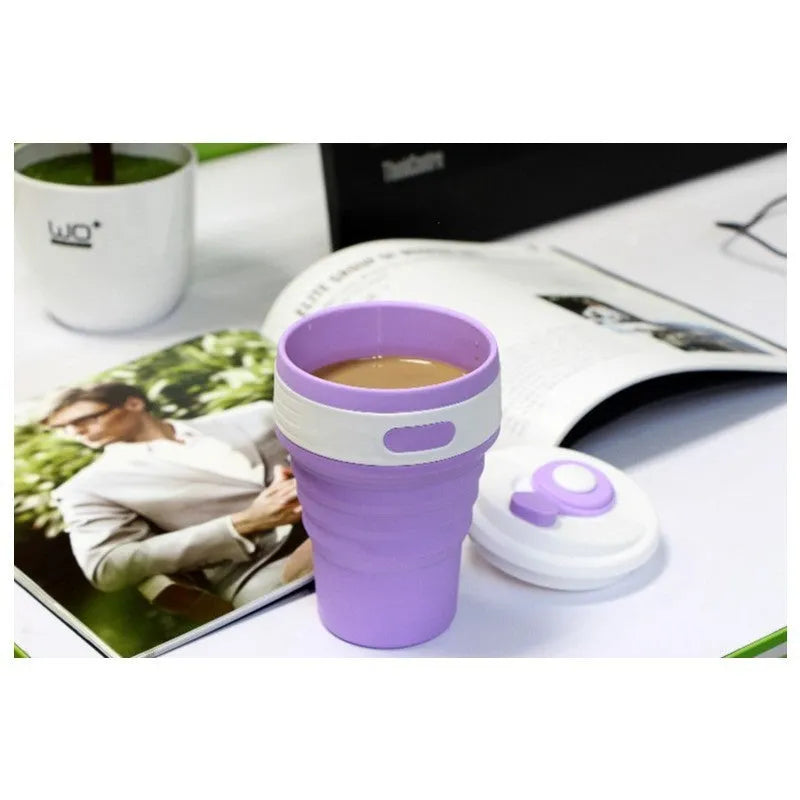 Collapsible silicone travel mug shown in expanded and folded states with colour options