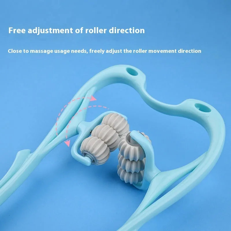 Blue six-wheel manual muscle massager with an adjustable long handle for neck, shoulder, and back relief.