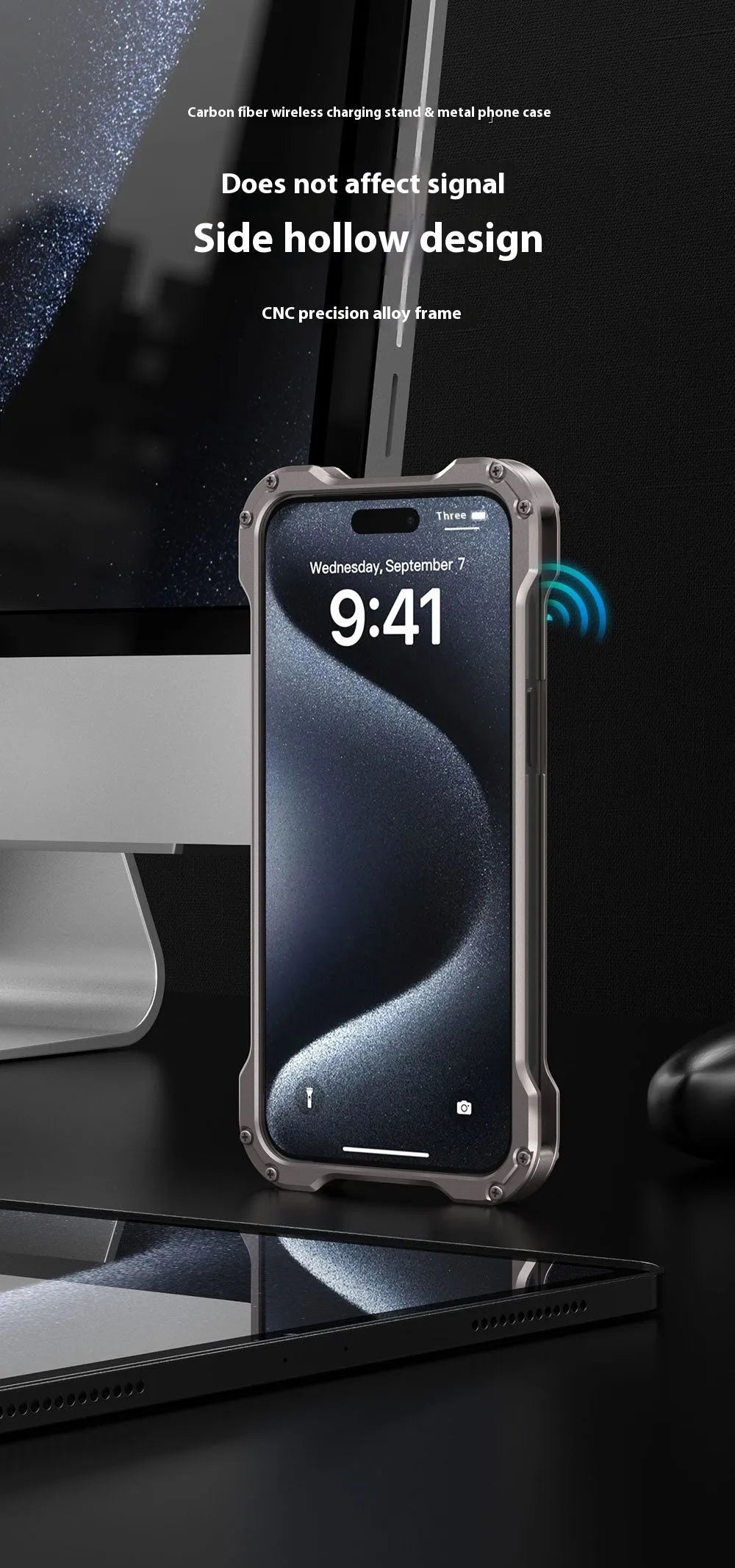 Dark gray metal carbon fibre rotating bracket phone case for Apple iPhone 15 Pro Max with anti-fall and anti-fingerprint properties