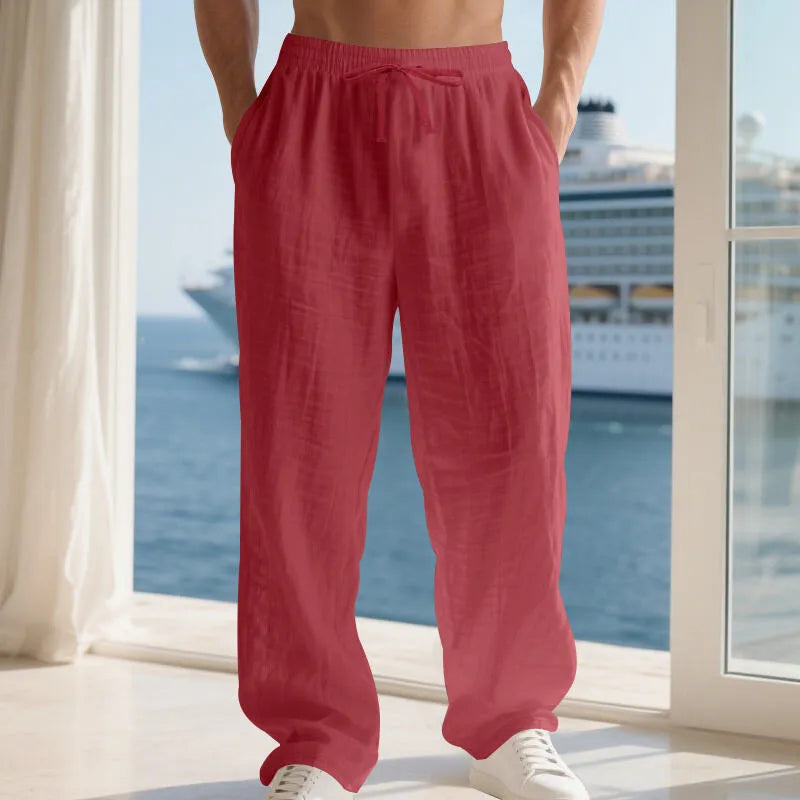 Men's linen solid colour loose wide leg drawstring trousers in orange, pink, fruit green, brown, denim blue, light gray, watermelon red, purplish red