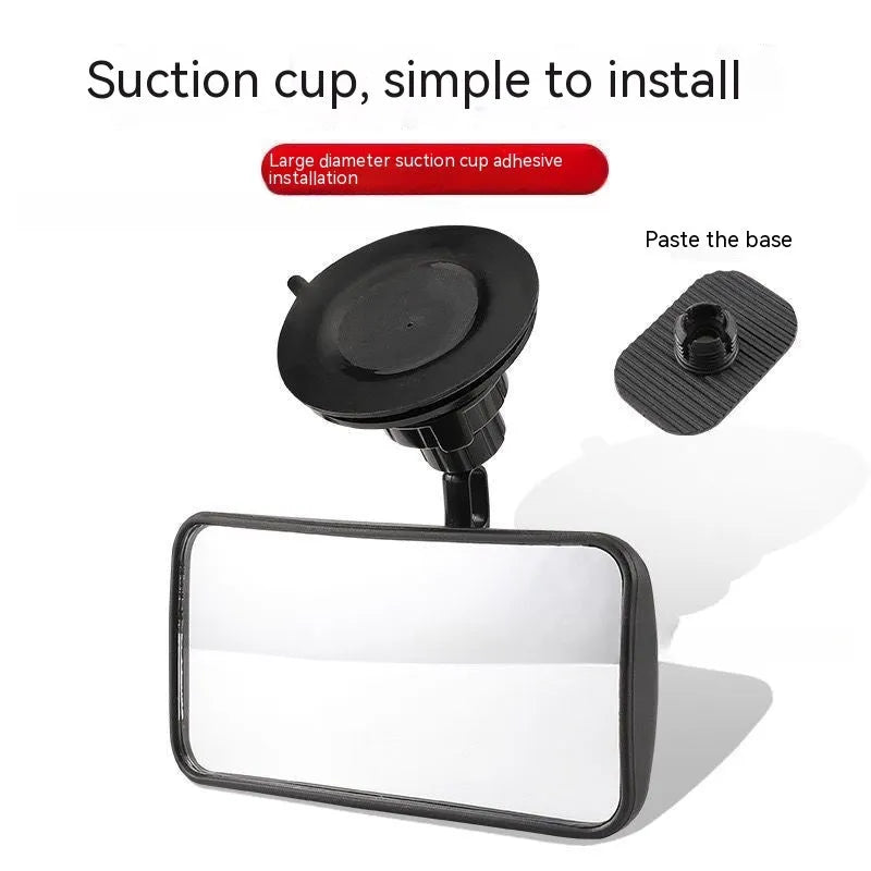 Black universal car rearview mirror with 360-degree rotation showing suction cup mounting option