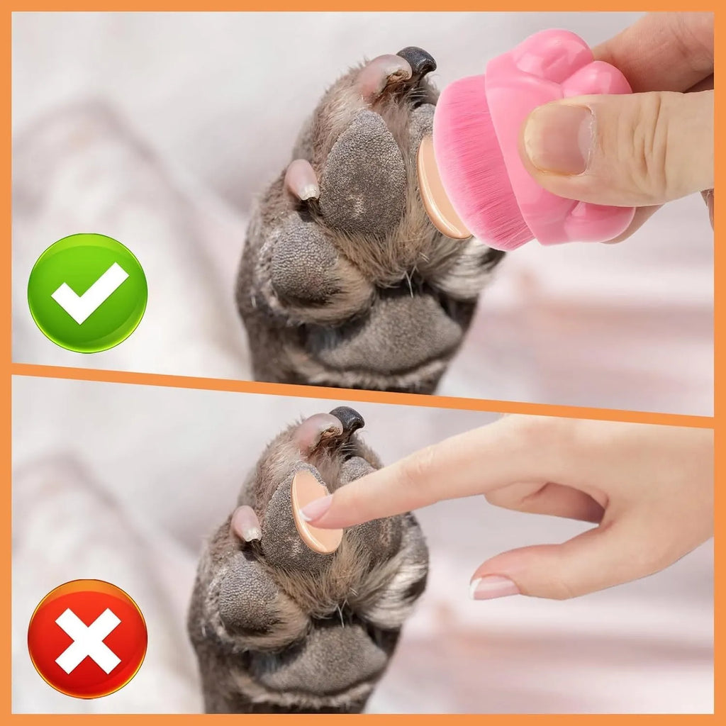 Three pet paw-shaped balm brushes with soft fibre heads in storage boxes