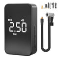 Compact black wireless tyre inflator pump with digital display screen and LED light on a blue flannelette bag.