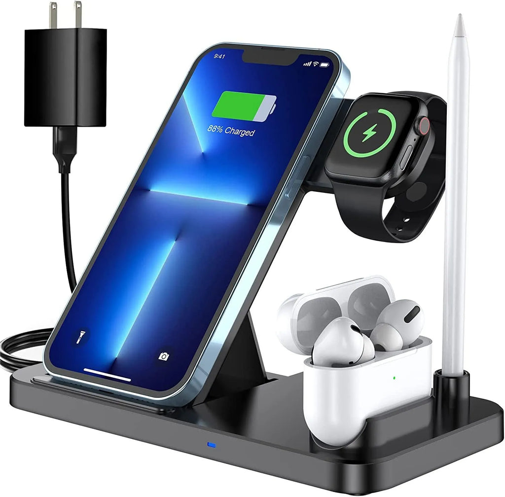 Black four-in-one wireless charging station with QC3.0 fast charging head for multiple mobile devices
