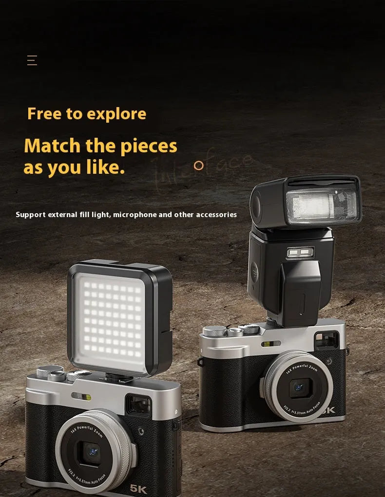 Black dual-lens digital camera with optical viewfinder and 2.88-inch screen on a strap.