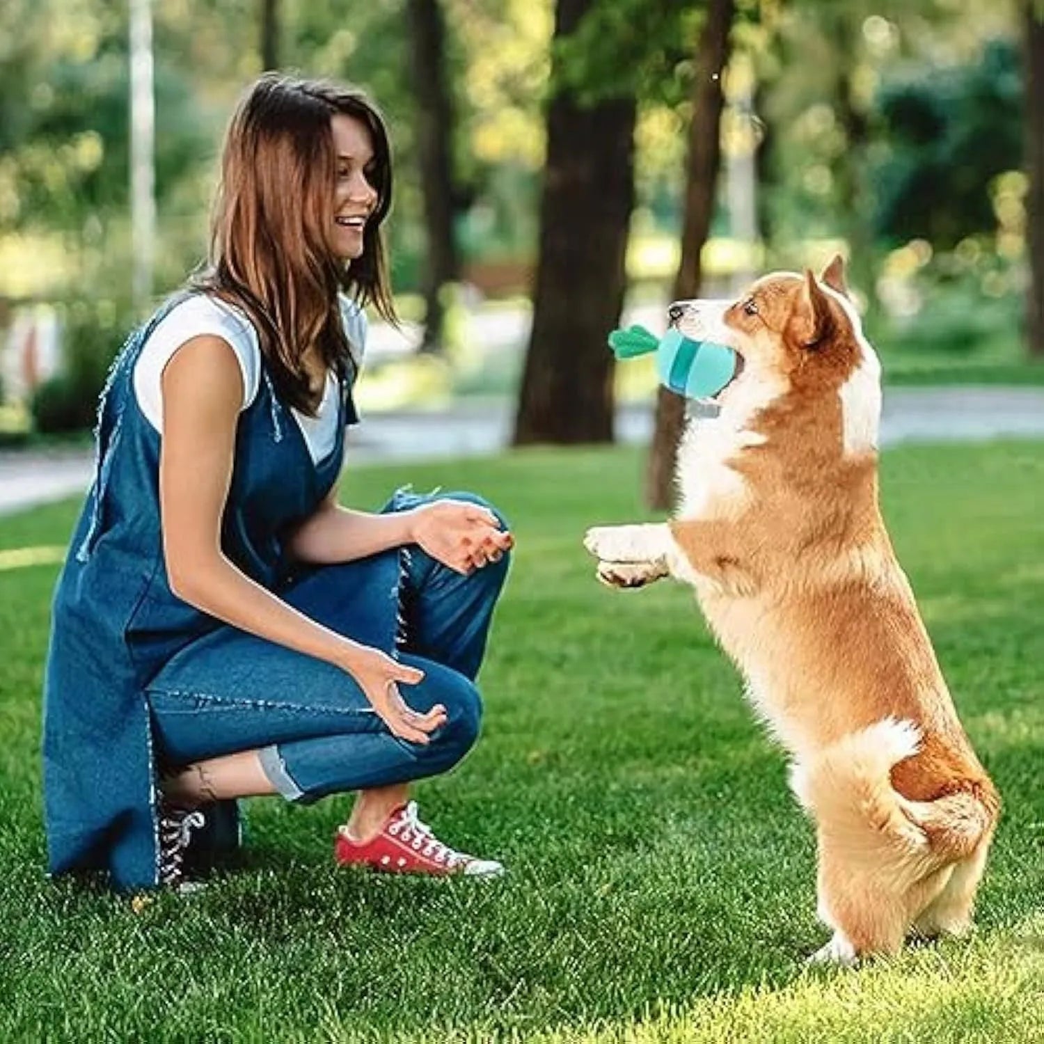 Blue interactive rubber dog treat dispensing ball toy for medium large breeds
