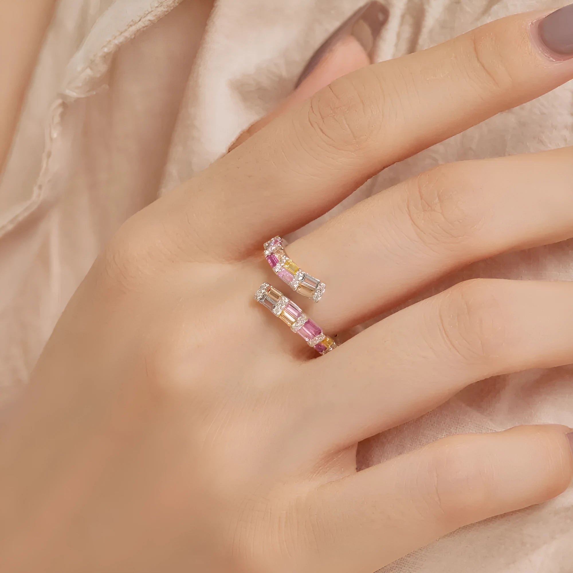Women's S925 sterling silver adjustable open ring in platinum colour with geometric zirconium inlay