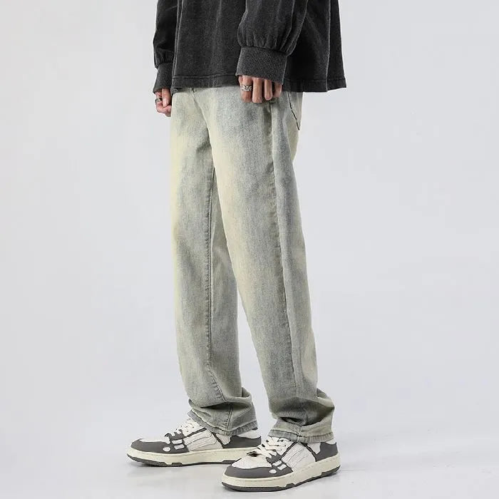 Men's washed distressed slim straight cotton pants in Cement Yellow, tapered leg mid-rise