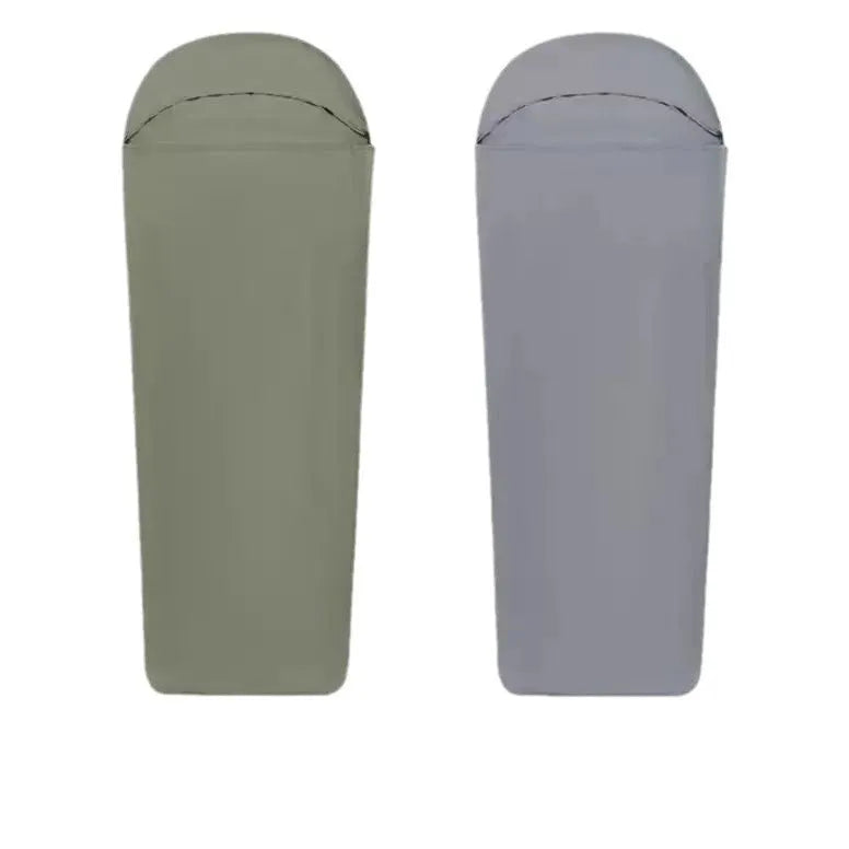 Blue mummy-style nylon camping sleeping bag with tapered design, shown rolled and unrolled.