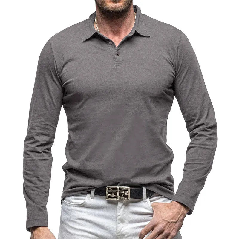 Men's dark grey cotton long sleeve T-shirt with a polo collar laid flat.