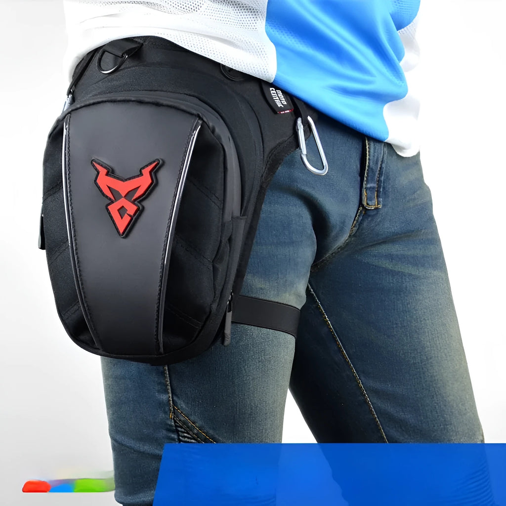 Motorcycle riding leg bag in 1200D Oxford cloth, shown in blue, with crossbody strap.
