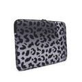 Leopard print laptop sleeve for 13-inch to 16-inch devices, showing anti-shock and waterproof features