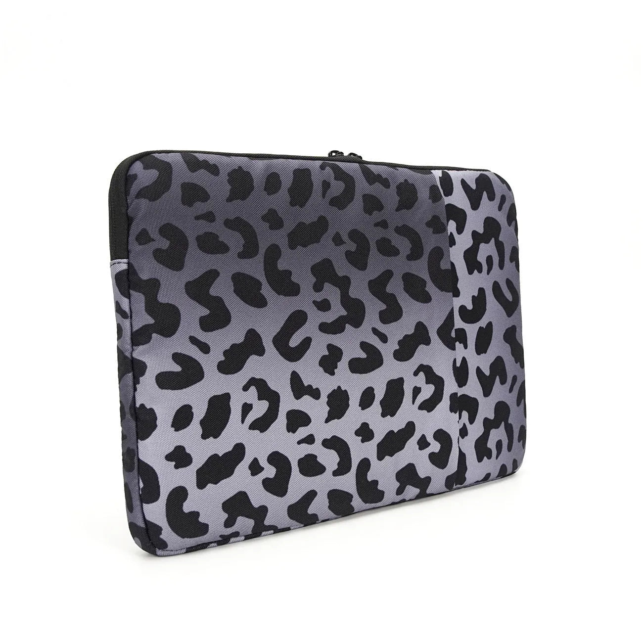 Leopard print laptop sleeve for 13-inch to 16-inch devices, showing anti-shock and waterproof features