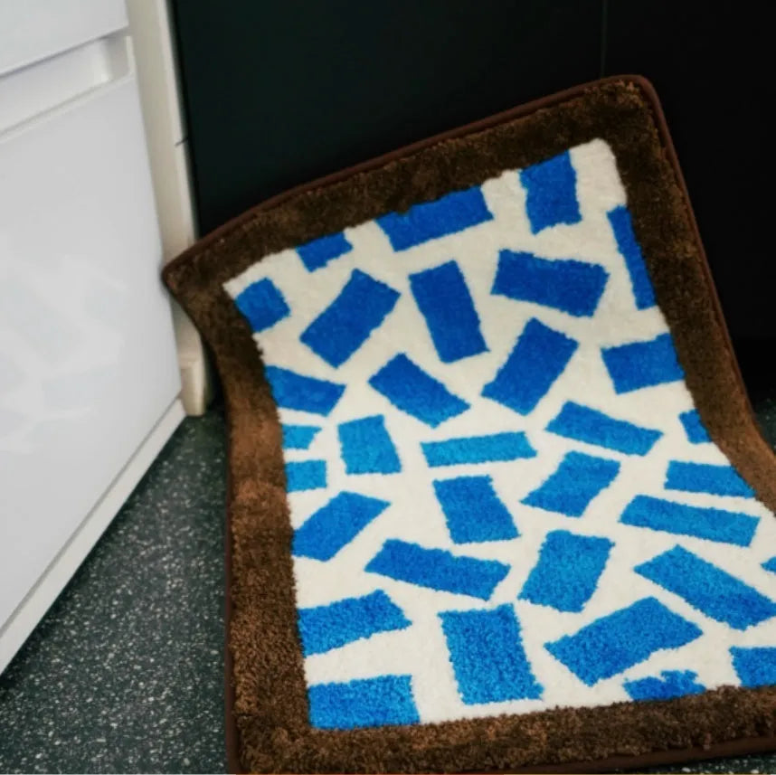 Tufted square carpet in dopamine colour matching, blue and white, 50x80cm size on floor