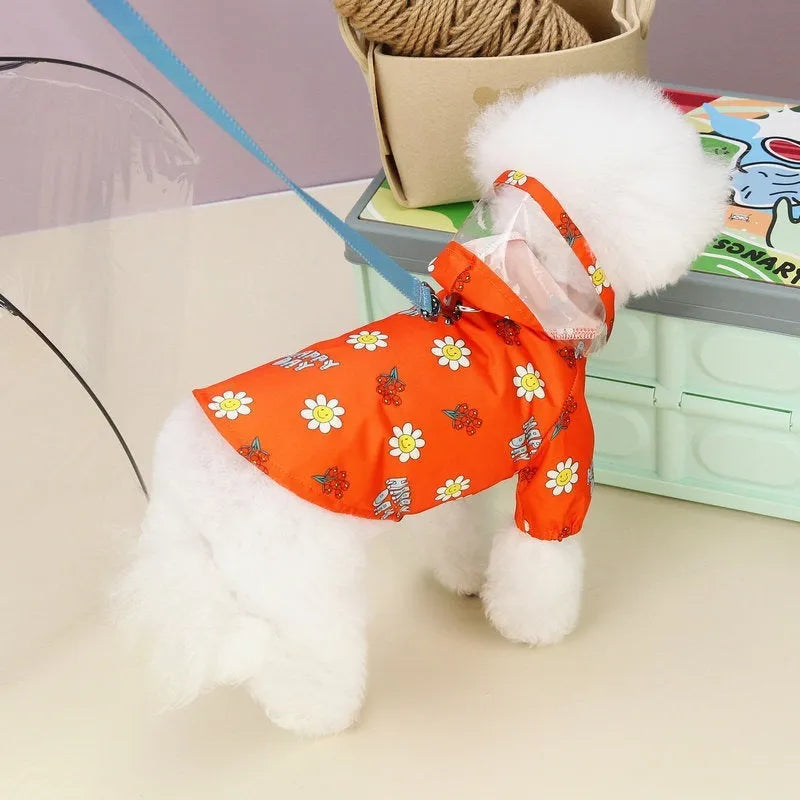 Transparent dog raincoat with pull ring and two-foot coverage in orange or white colour options