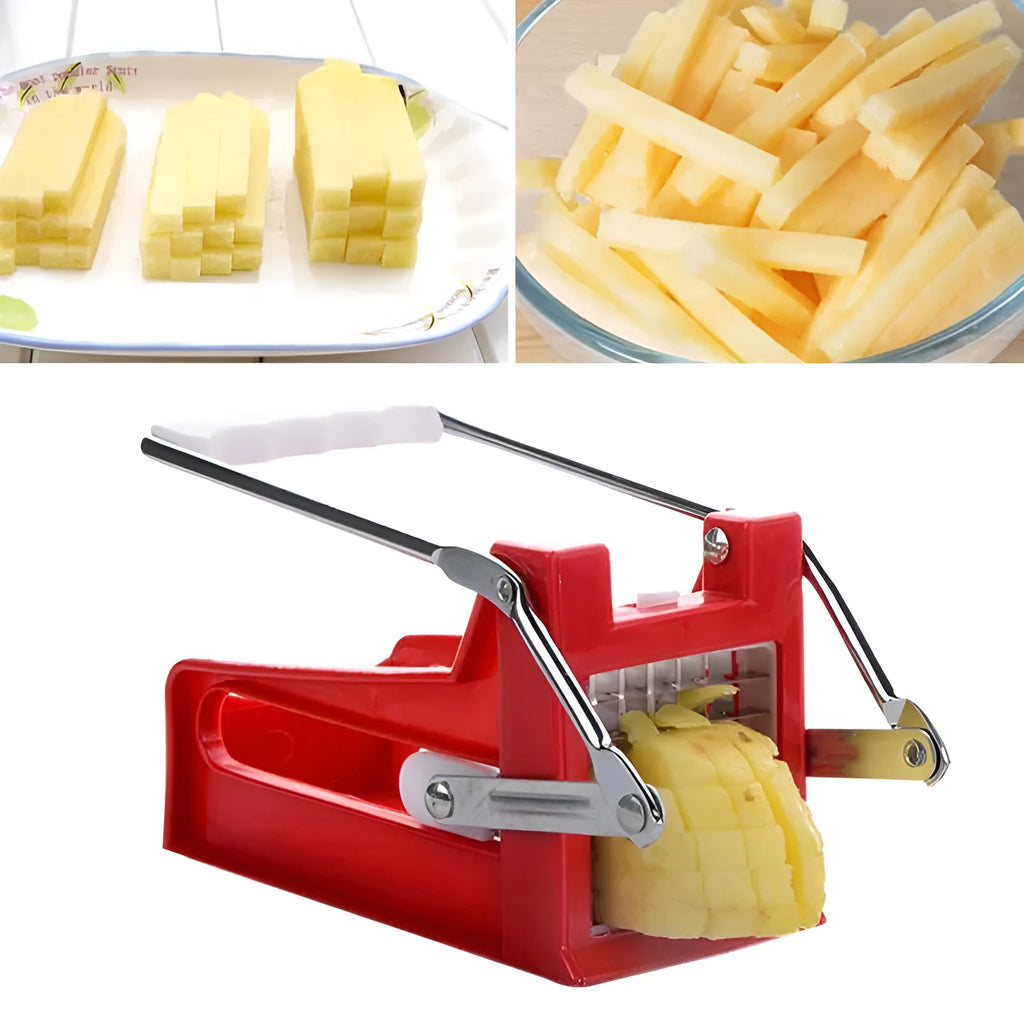 Potato chopper gadget with two stainless steel blades and a non-slip rubber foot on the base.