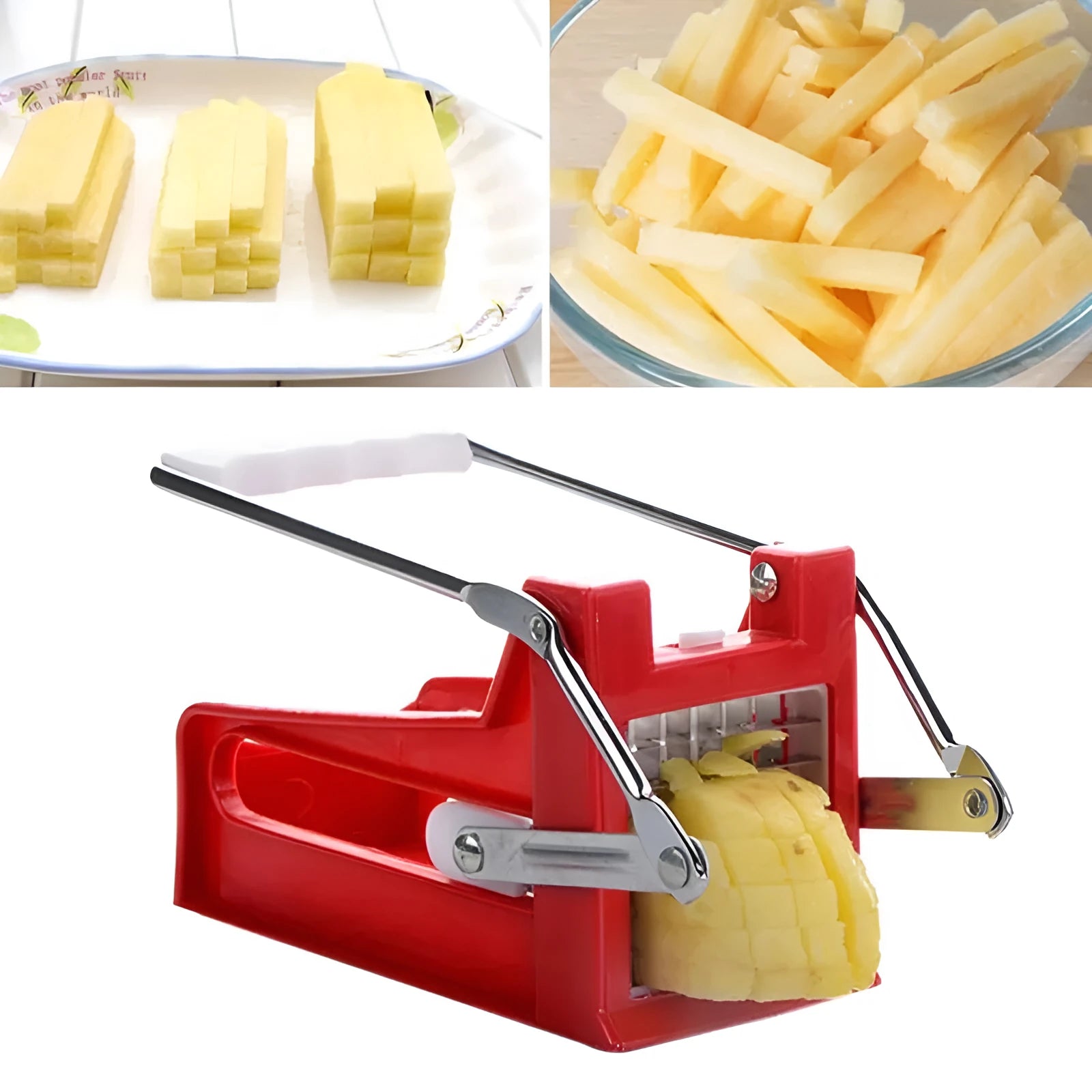 Potato chopper gadget with two stainless steel blades and a non-slip rubber foot on the base.